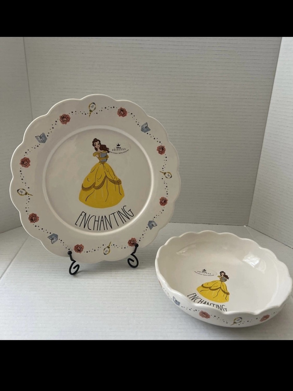 Rae Dunn White Dinner Plate and Bowl Set with Yellow Princess Design NEW
